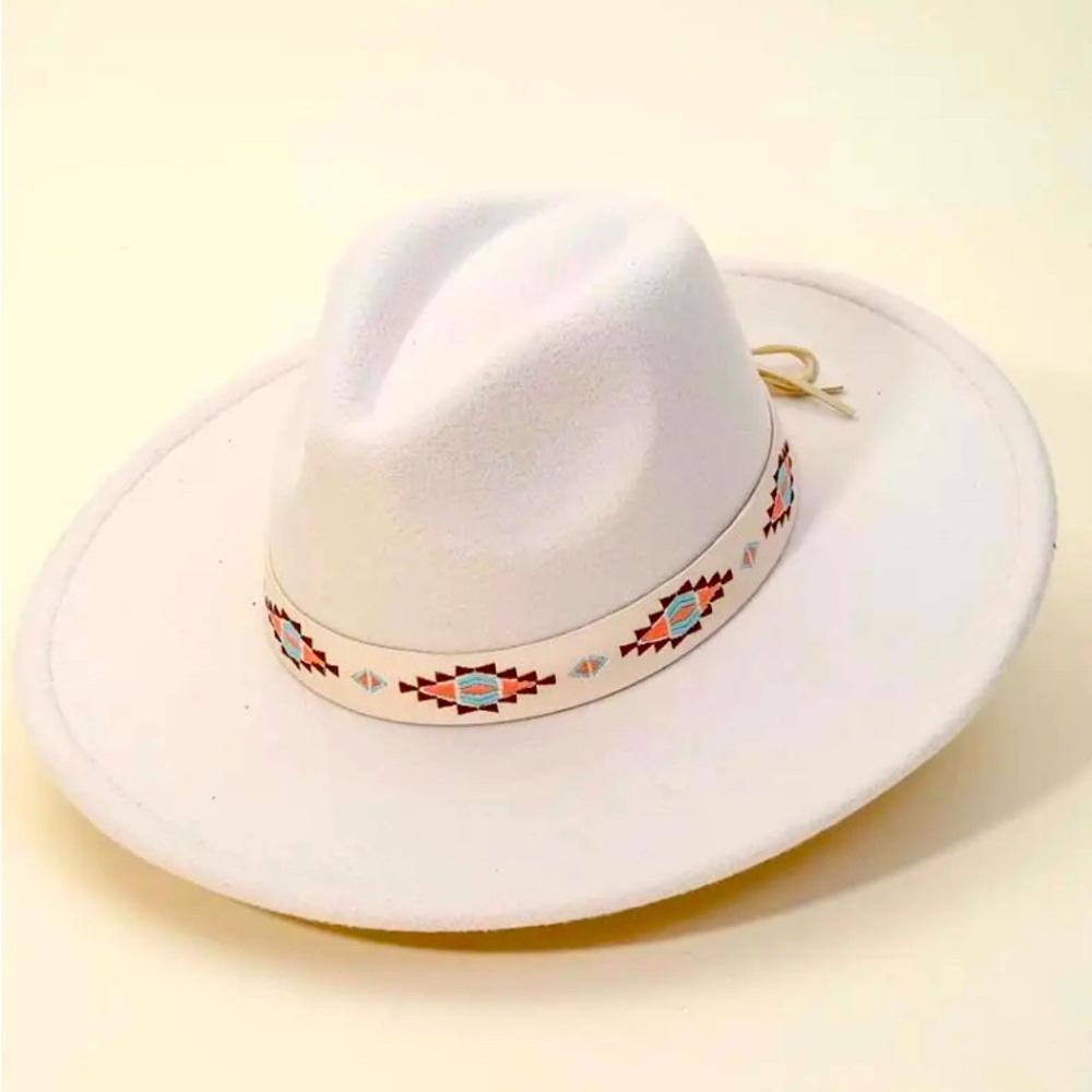 Soft white fedora hat with Aztec print band